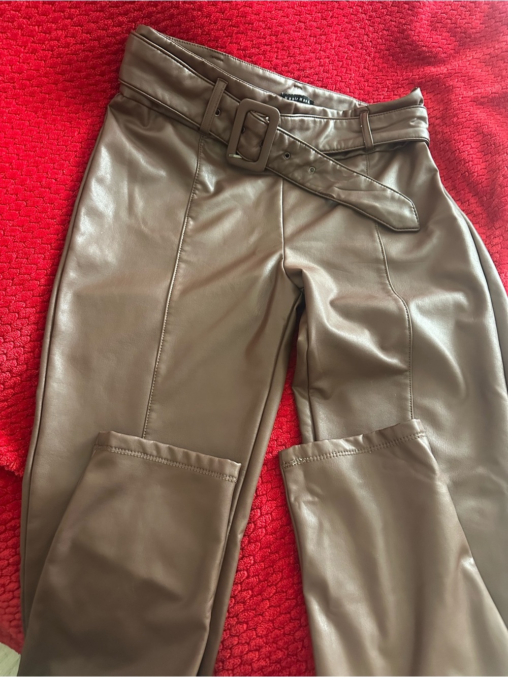 Haute Monde Brown Faux Leather Wide-Leg Belted Pants